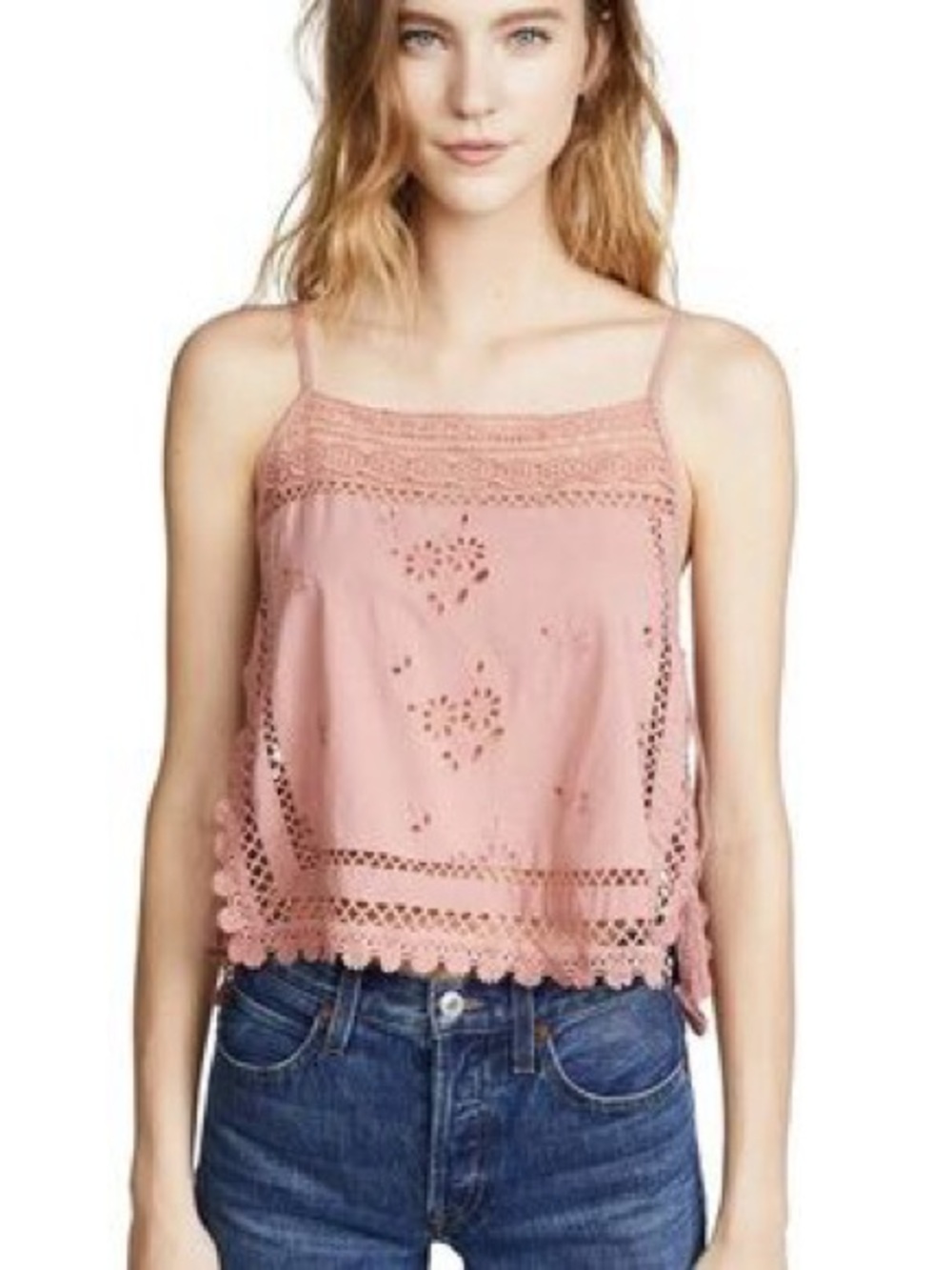 Free People Crochet Lace Eyelet Embroidered Cami Top Dusty Rose Side Tie Tassels